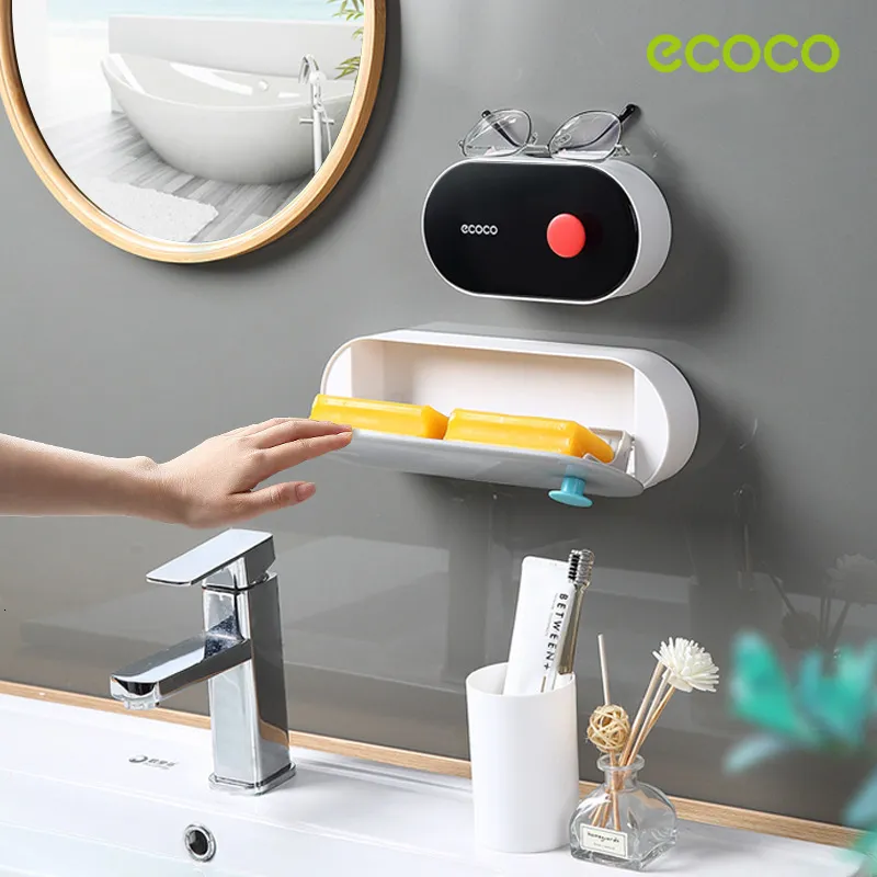 Porte-savons ECOCO porte-savon mural sans poinçon porte-savon de toilette boîte de rangement avec couvercle Drain récipient à savon pour accessoires de salle de bain 230926