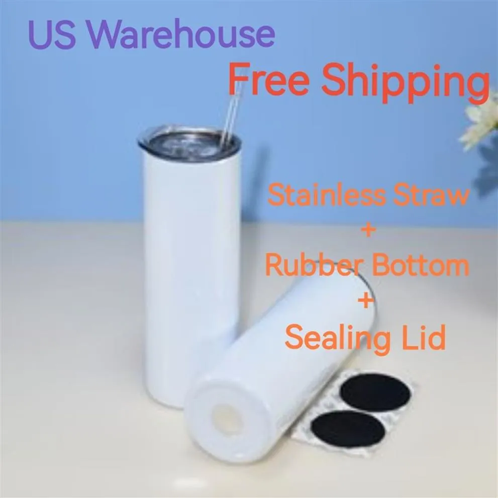 US Warehouse 20oz Rechte Sublimatie Tumblers Met Doorzichtige Rietjes Rubberen Bodems Roestvrij Staal Glanzende Reisbeker B6192i