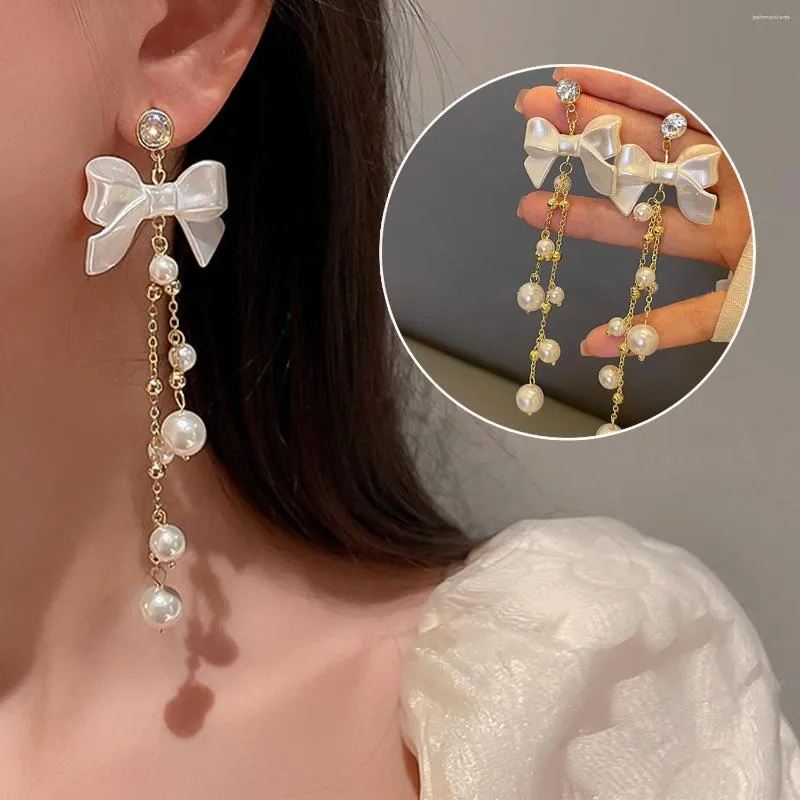 Baumeln Ohrringe 2023 Elegante Bogen Lange Imitation Perle Quaste Ohrringe Party Mädchen Licht Luxus Schmuck Koreanische Mode Tropfen Für Frauen