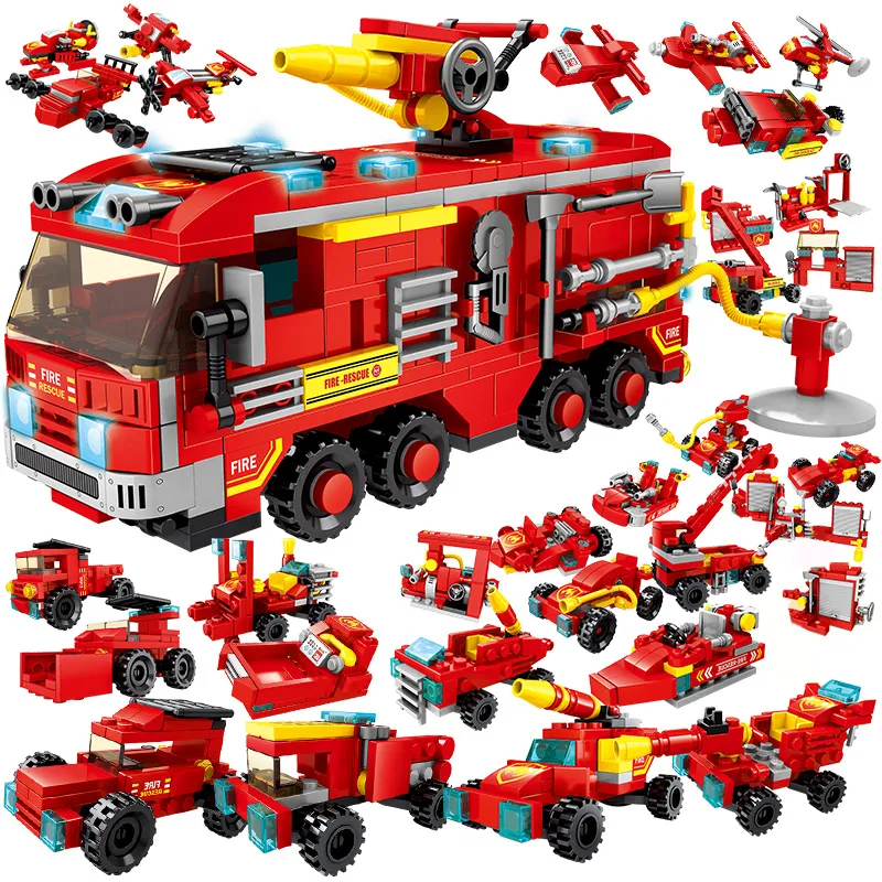 Blocs de construction de modèle de caserne de pompiers, camion, hélicoptère, pompier, briques, ville, jouets éducatifs pour garçons, cadeau pour enfants