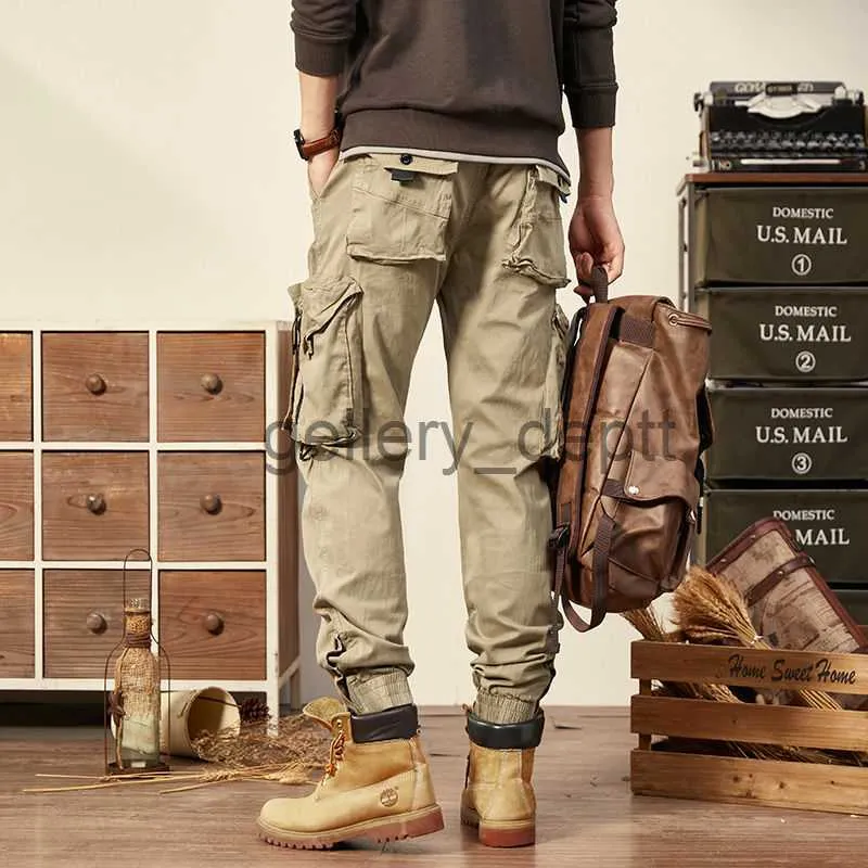Herrbyxor Spring Autumn Mens Cargo Pants Multi Pocket Khaki