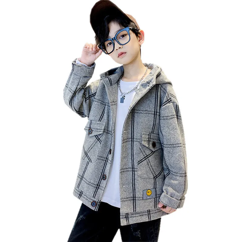 Coat Arrival Teen Boys Spring Autumn Hooded Wool Blends 2023 Fashion Plaid SingleBreasted Clothes Children's Outdoor Jacket 230926