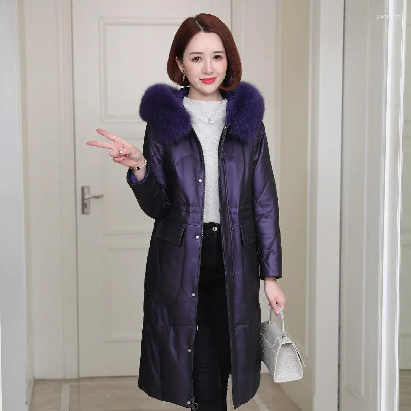 Women's Leather 2023 Real Sheepskin Jackets Women 90% White Duck Down Coats Fur Collar Hooded Coat Female Cuero Genuino Zjt2