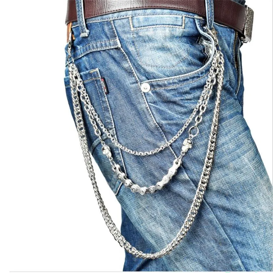 Strato Vita Punk Portafoglio Catena Argento Portachiavi da uomo Teschio Biker Link Gancio Pantaloni Pantalone Cintura Catena Gioielli di moda Per Ragazzi269g