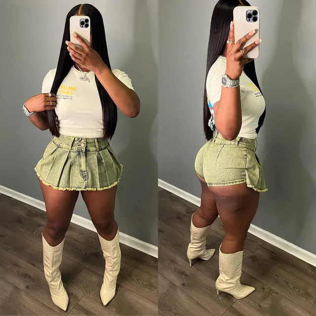 Womens Summer Plus Tamanho vestido curto jeans Denim shorts Pleat Salia Cargo Pant Cintura alta 2024 Roupas de verão Y2K Streetwear