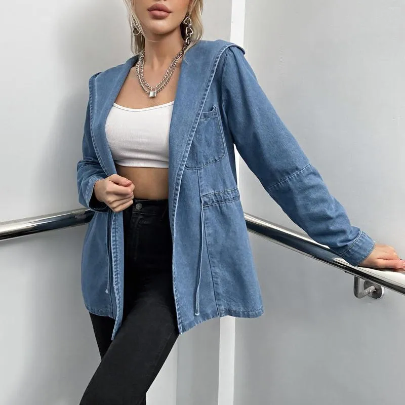 Vestes pour femmes Veste en denim décontractée Veste surdimensionnée Mode Long Jean Printemps Automne Femme Manteau à capuche