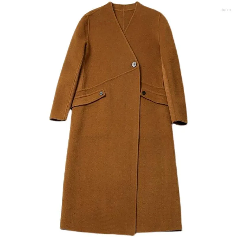 Women's Wool Winter Women V-neck Long Woolen Overcoat Slim French Style Blends Outwear