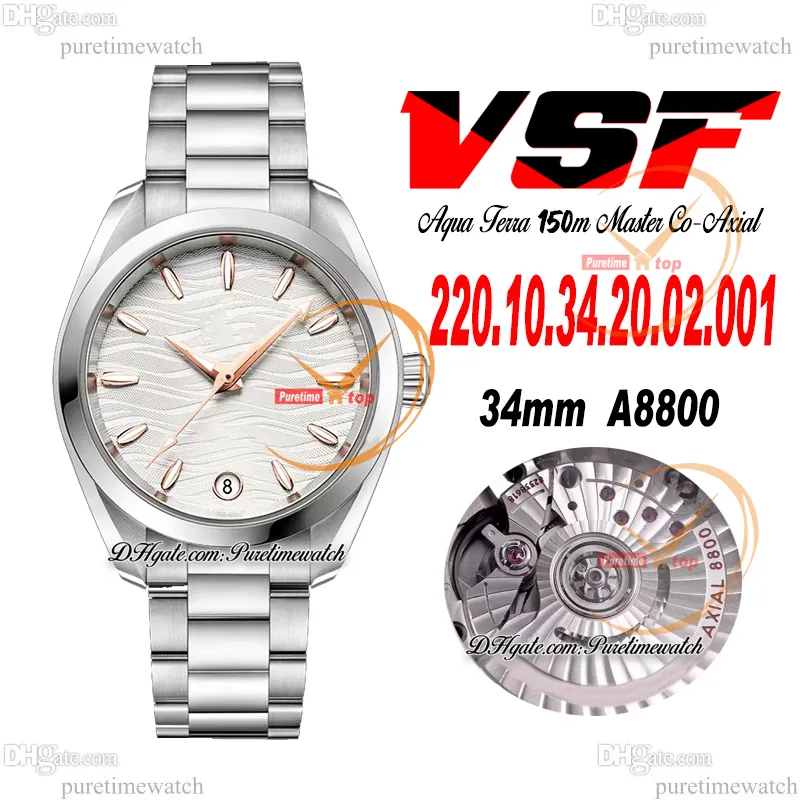 VSF Aqua Terra 150m A8800 자동 숙녀 시계 43mm 광택 베젤은 질감 다이얼 스테인레스 스틸 브레이슬릿 슈퍼 버전 220.34.20.02.001 Puretime A1