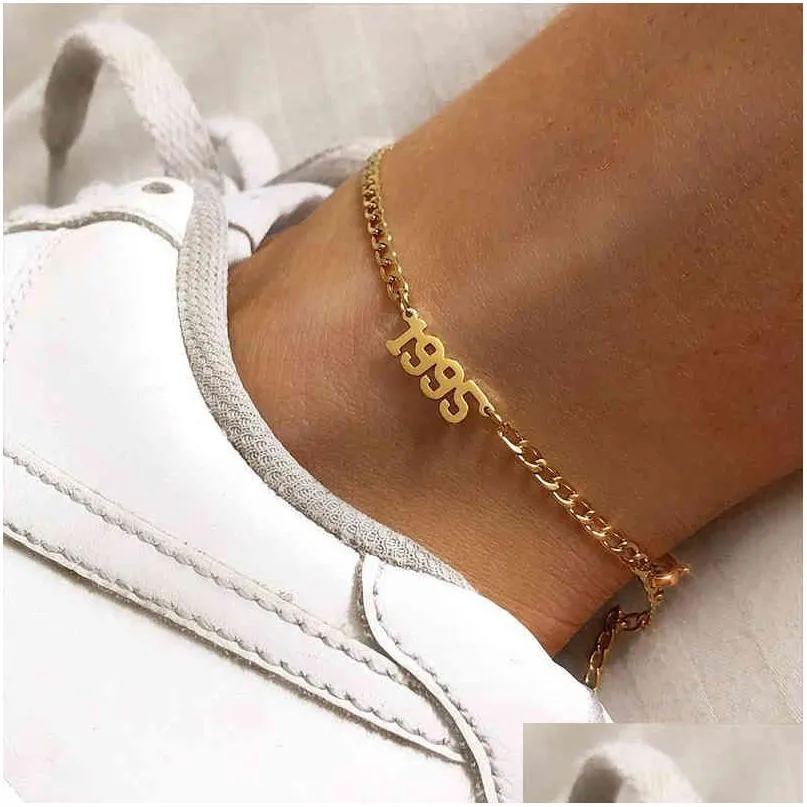 ANKLETS 1980-1998誕生年アンクレットレッグブレスレットジュエリーステンレススチールローズゴールドカスタムカスタム番号女性ギフトドロップ配達otfzx