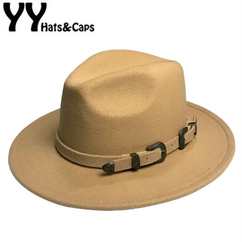 Winter Panama Hut Frauen Elegante Filz Kappen Männlichen Vintage Trilby Hut Breiter Krempe Fedora CAPS mit Gürtel Chapeau Homme Feutre YY18016200z