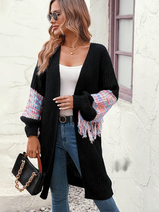 Women's Knits Tees Autumn Winter Printed Patchwork Tassel Sweater Women Vneck Rib Knitted Cardigan Vintage Lantern Long Sleeve Warm Jumper 230925