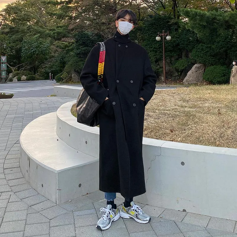 Мужская шерстяная мужская одежда SYUHGFA, двубортное черное утепленное шерстяное длинное пальто, осень-зима 2023, корейская мужская куртка средней длины