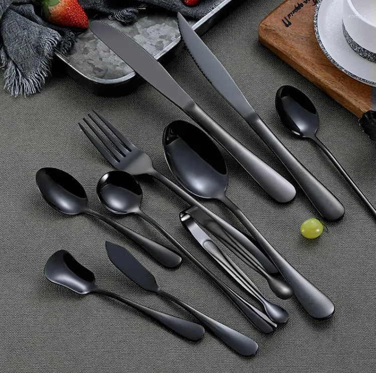 Servis uppsättningar svart färg rostfritt stål skedar gafflar knivar flatvaror set titan pläterad bordsartar kaffe teskedar sn4153