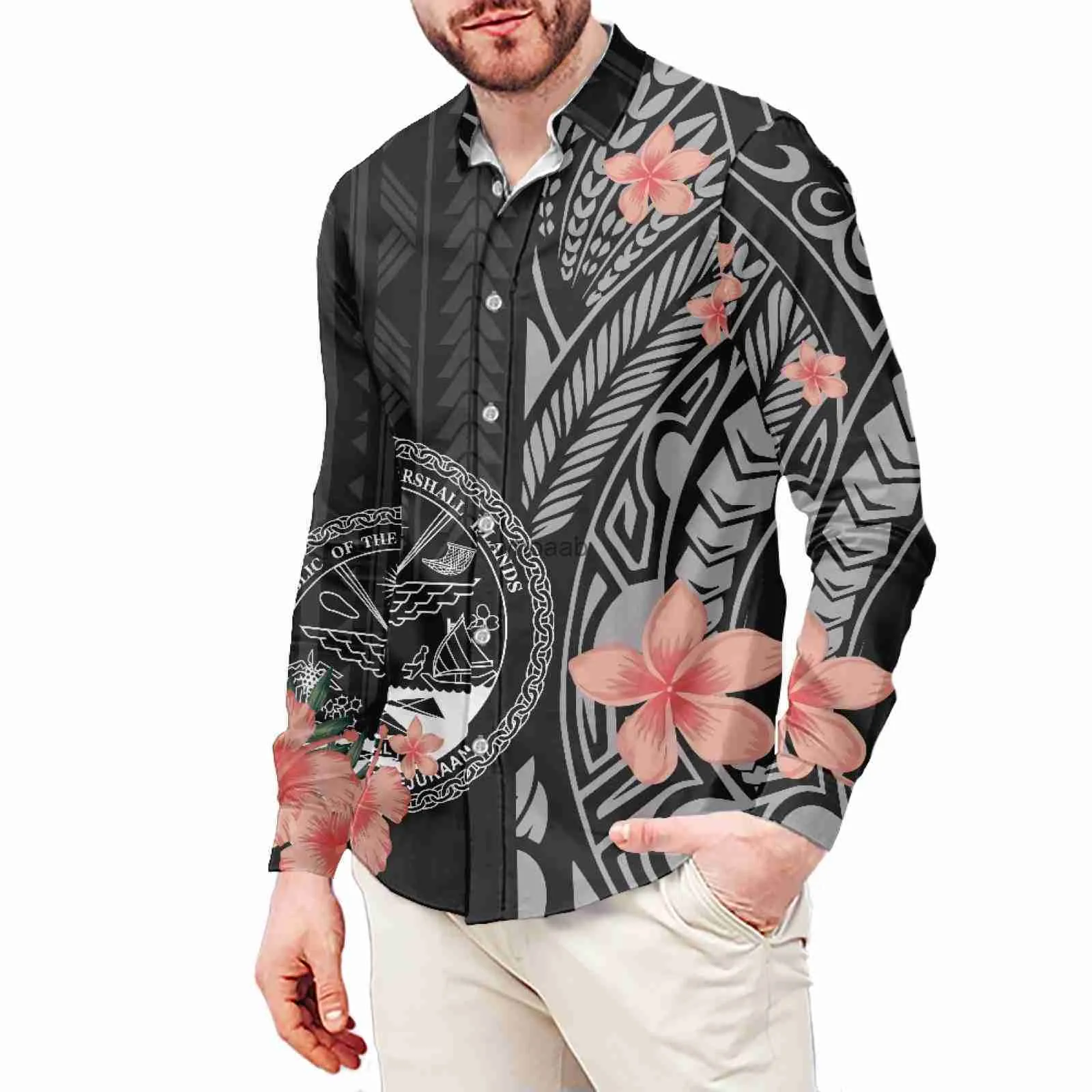 Camicie eleganti da uomo Modello tatuaggio Stampa stile etnico Camicia polinesiana a maniche lunghe Camicia elegante da uomo Samoa nera Matrimonio S-6xl T-shirt elegante da uomo YQ230926