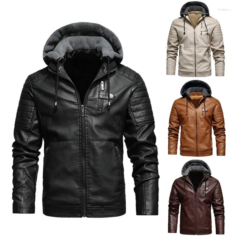 Chaquetas de cuero PU con forro polar de piel para hombre, abrigos con capucha, chaqueta informal de motocicleta para otoño e invierno, rompevientos para motorista