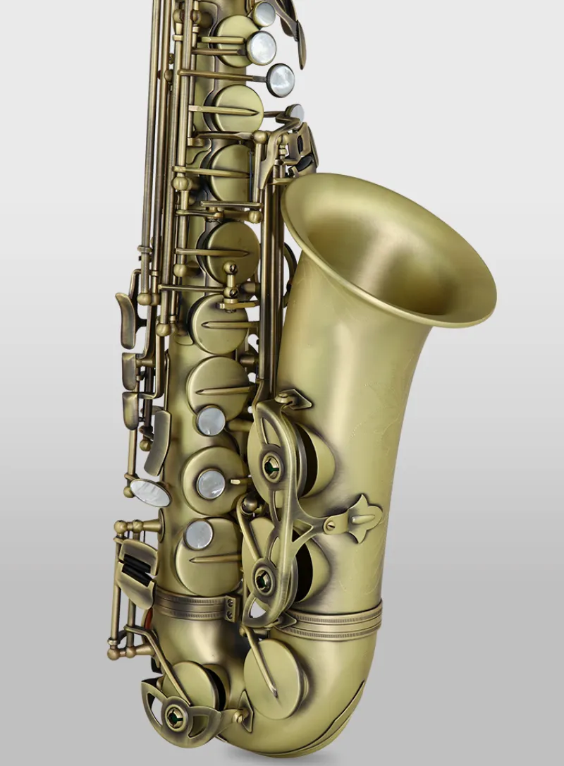 Hoogwaardige antieke afwerking Eb Es Altsaxofoon Sax Shell Sleutel Carve Patroon Houtblazersinstrument met koffer Andere accessoires 00