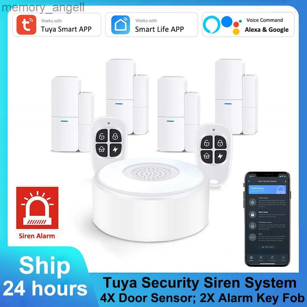 Alarmsysteme Tuya Smart WiFi+RF Hub einstellbare Sirenenalarmsystem Alexa Sprachbefehlsbefehl Set Modus App Steuertürsensor Key FOB DPK1 YQ230926