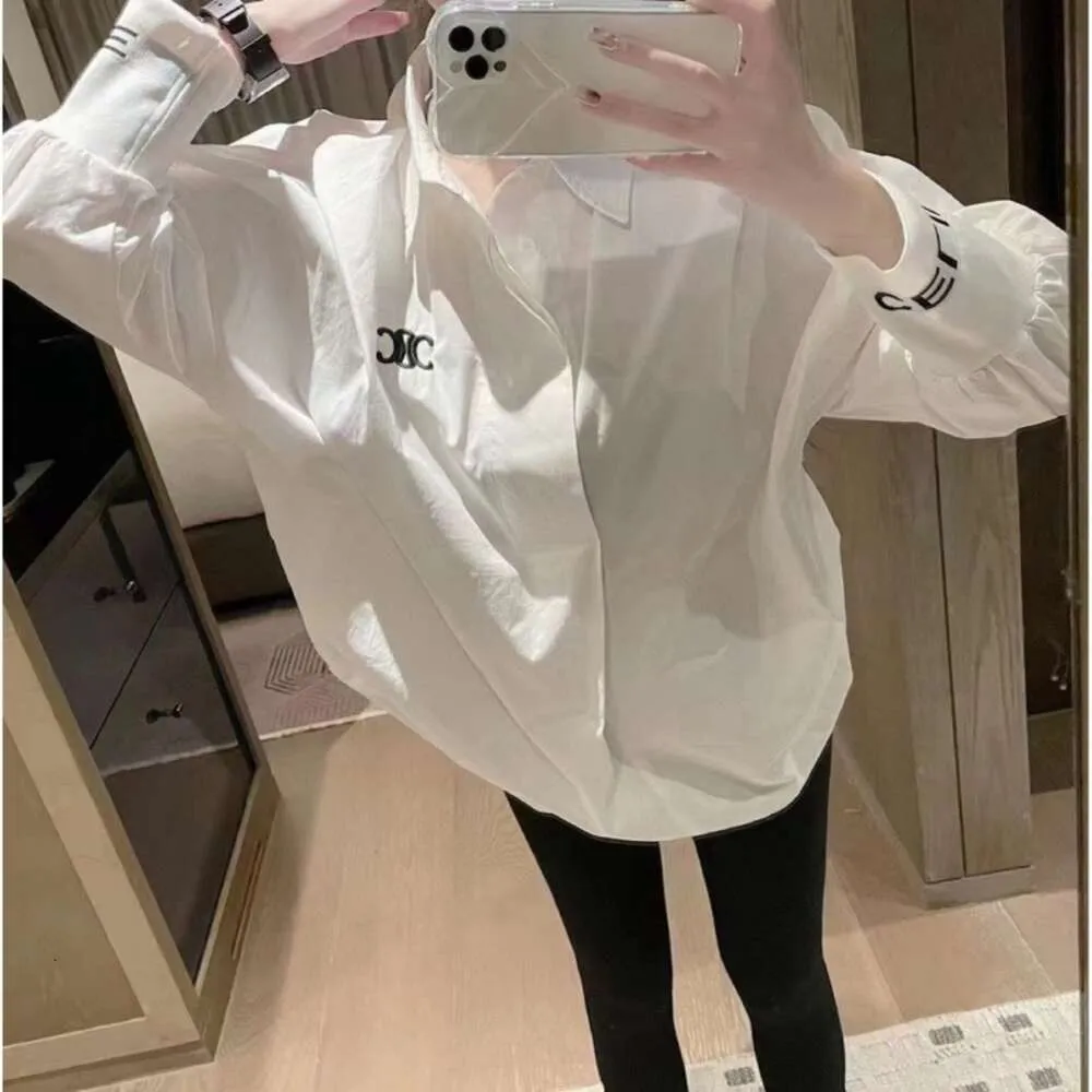 Women's T-shirt Ce23ss Spring/summer Product Embroidered Loose Relaxed Polo Collar Long Sleeve Shirt Hand Elastic Cuff Design