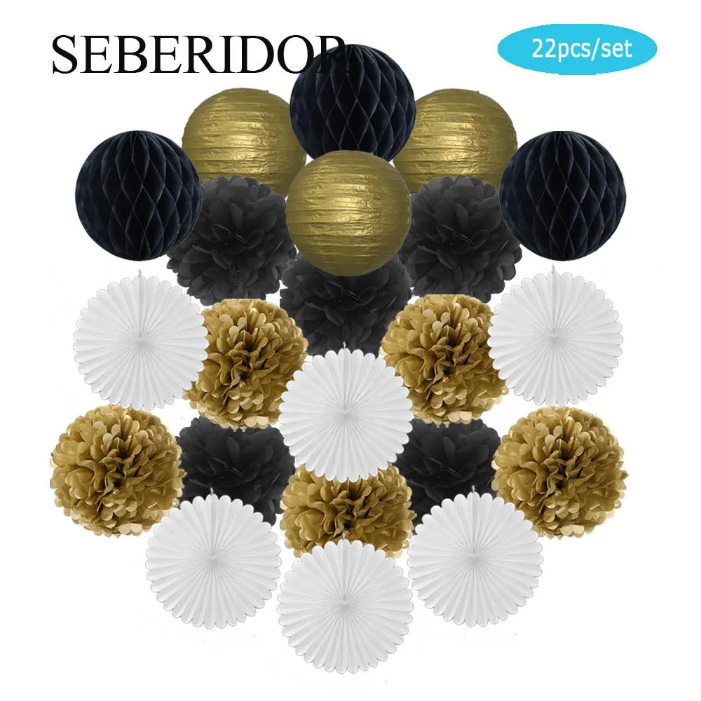 Andra evenemangsfestleveranser Gold Black White Set Round Paper Ball Lantern Tissue Fans 8 "10" 12 "till julbröllop Dop Birthday Holiday Party Decor 230926