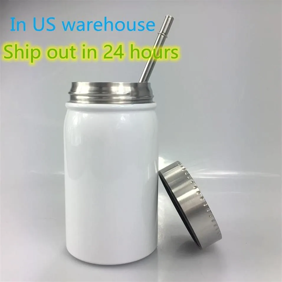 US Warehouse 500ml Sublimatie Mason Jar Mokken Roestvrijstalen Koffiekopje Draagbare Warmte-isolatie Tumbler Stofdichte Fles met M2352