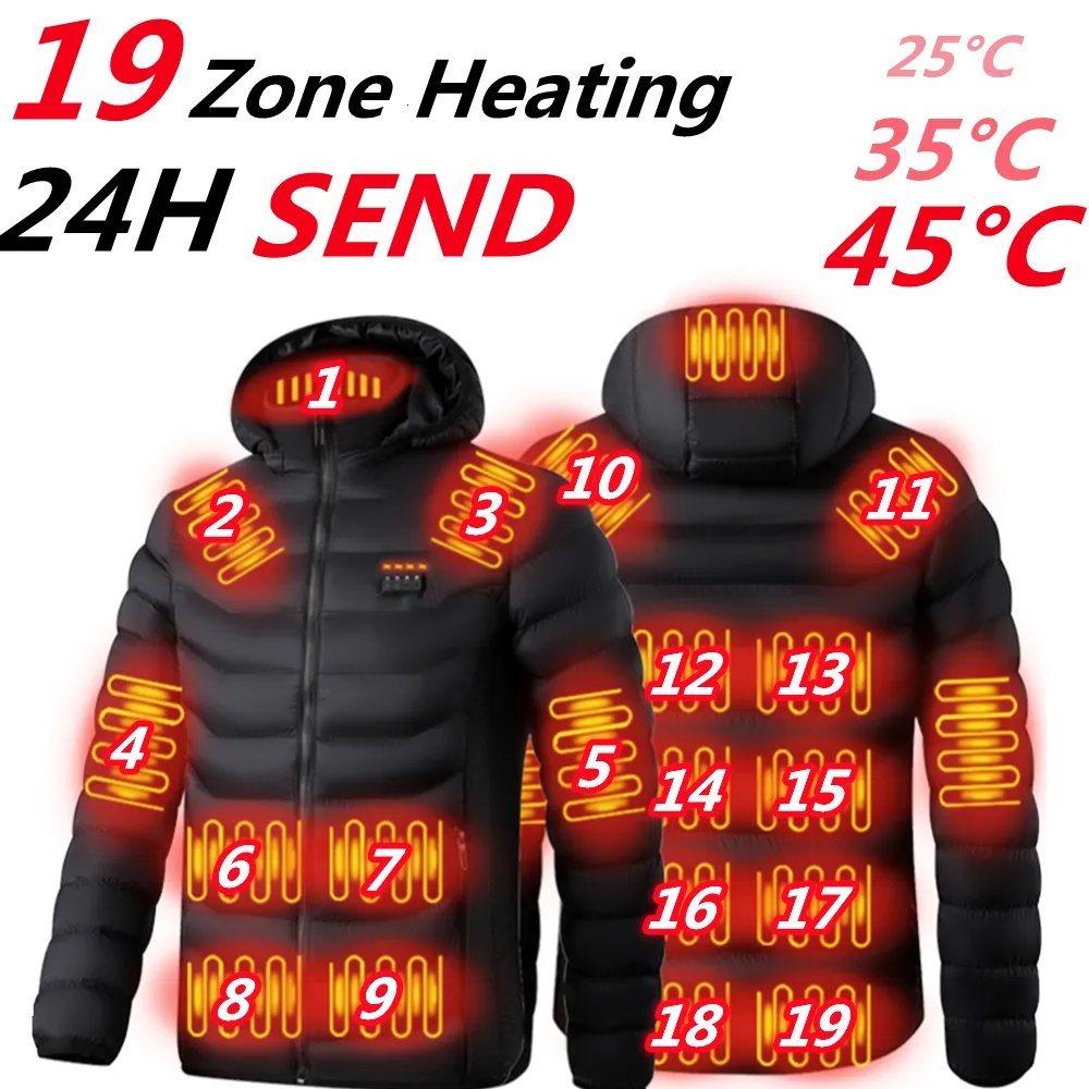 Outdoor-Jacken Hoodies 19 Bereiche beheizte Jacke Herren USB elektrische Heizweste für Männer Winter warme Thermomantel Parka 230926