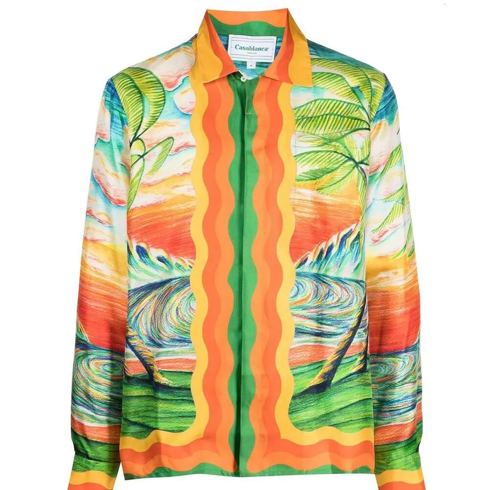 Casablanca beach shirt sunset Hill sketch painted silk long sleeve shirt coconut Hawaii beach printed shirt casablanc