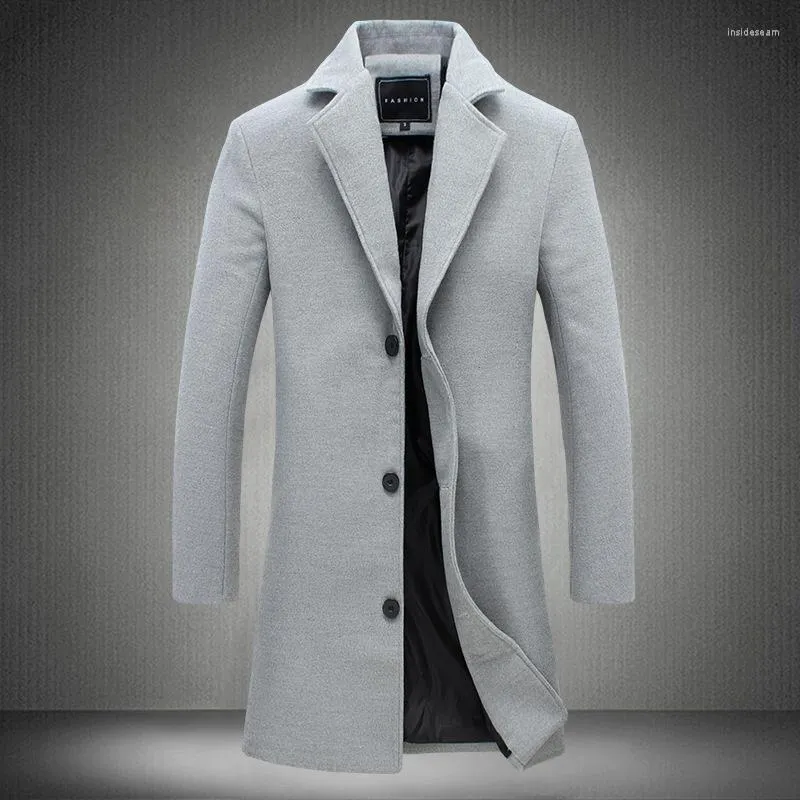 Herr ull Autumn och Winter Mens Solid Color Casual Business Ullrockar / high-end varumärke Slim Long Coat Male Jacket