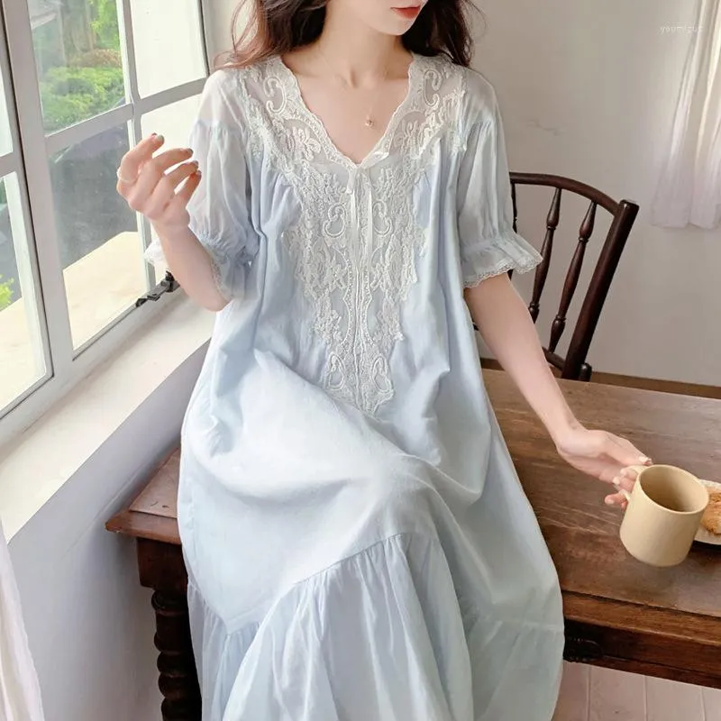Women's Sleepwear Vintage Spring Cotton Night Dress Romantic Princess Nightwear Women Fairy V Neck Nightgown Embroidery Long Nightdress
