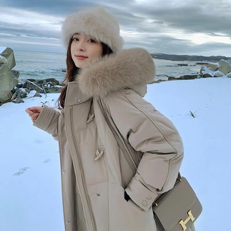 Women's Down Jacket Knee Hooded Coat Solid Color Long Winter Big Fur Collar Full Row Ox Horn Buckle Thick