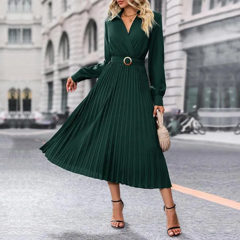 Casual Dresses Elegant Fall Pleated Midi Dress Stylish Lapel Design V-Neck Slimming LongeChes A Line For Weddings Cocktail Parties