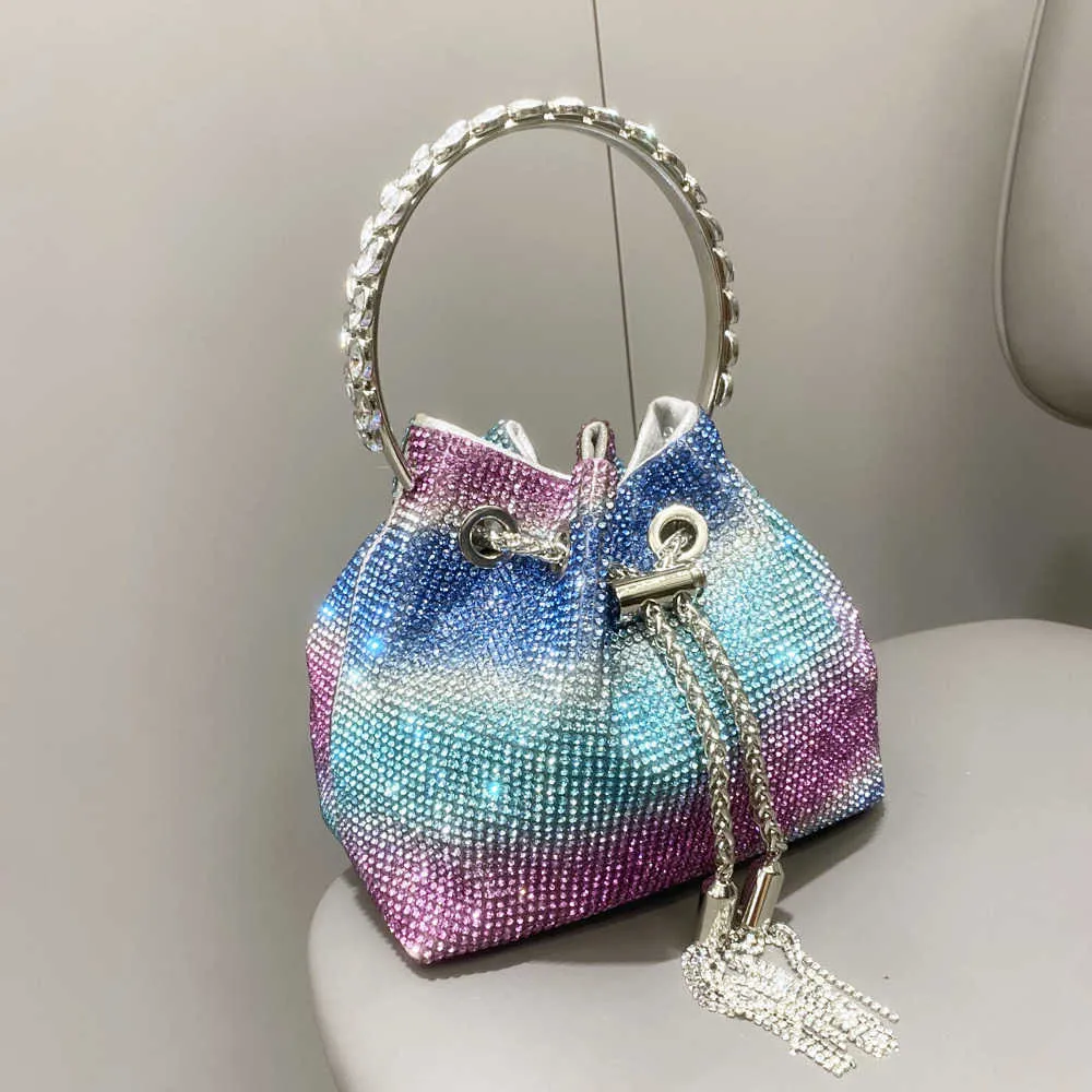 Bolsa feminina portátil brilhante colorido diamante noite saco incrustado com diamante feminino artesanal água diamante balde saco 230926