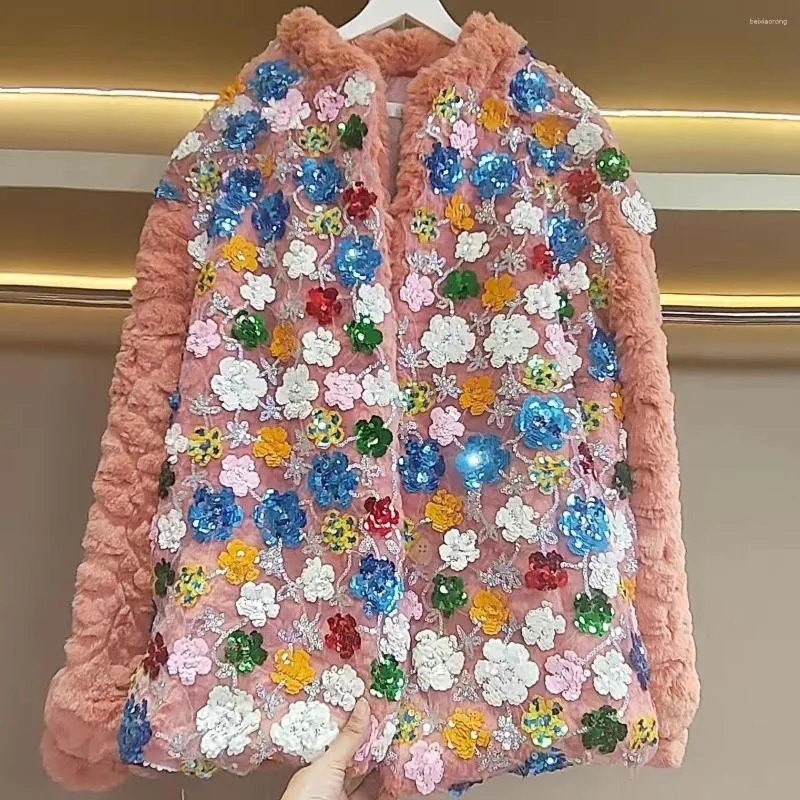 Women's Fur Winter 3D Flowers Embroidery Sequined Faux Coat Mink Velvet Beaded Flocking Jacket Spliced Cotton Padded Parkas