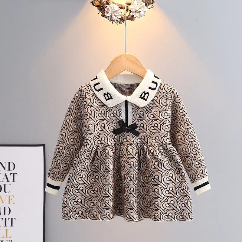 Baby Girls Princess Dress Kids Spring Autumn Letter Printed Long Sleeve Dress Children Bowknot Knitted Dresses BH29