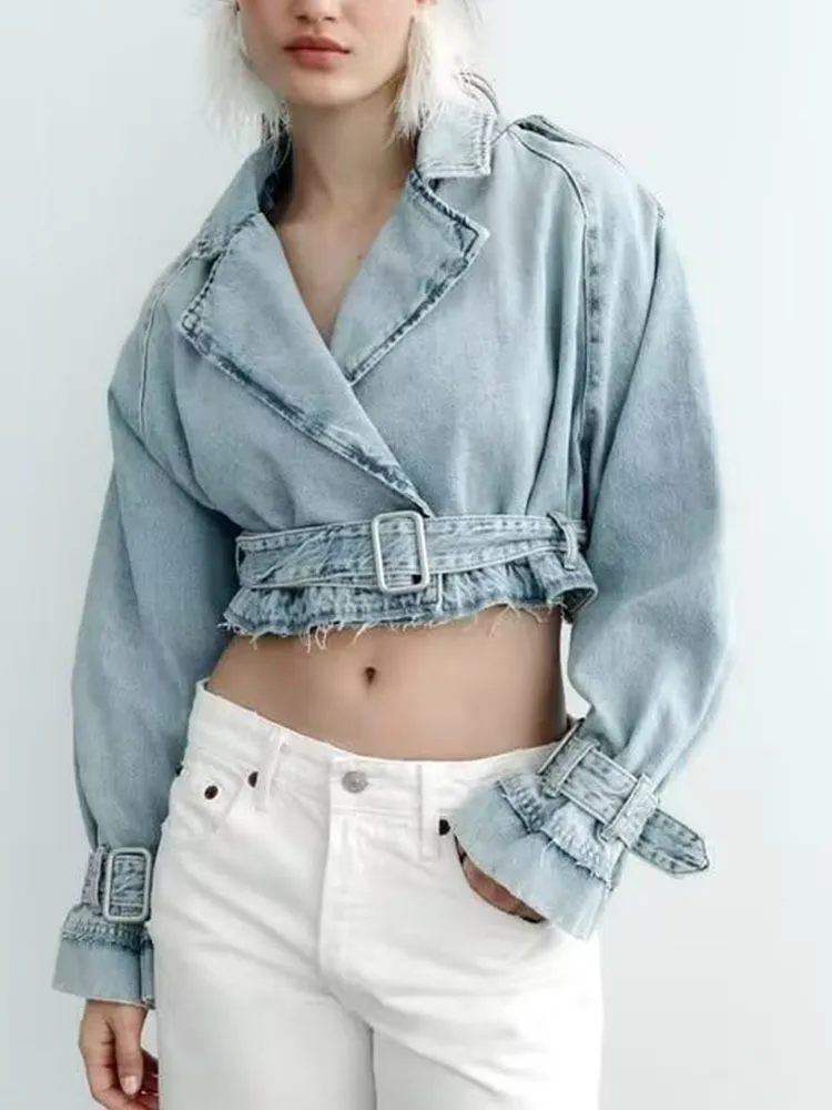 Kvinnorjackor Traf Vintage Women's Spring Denim Jackets Long Sleeve Crop Top Jacket With Belt Croped Jean Jacket For Women 230925