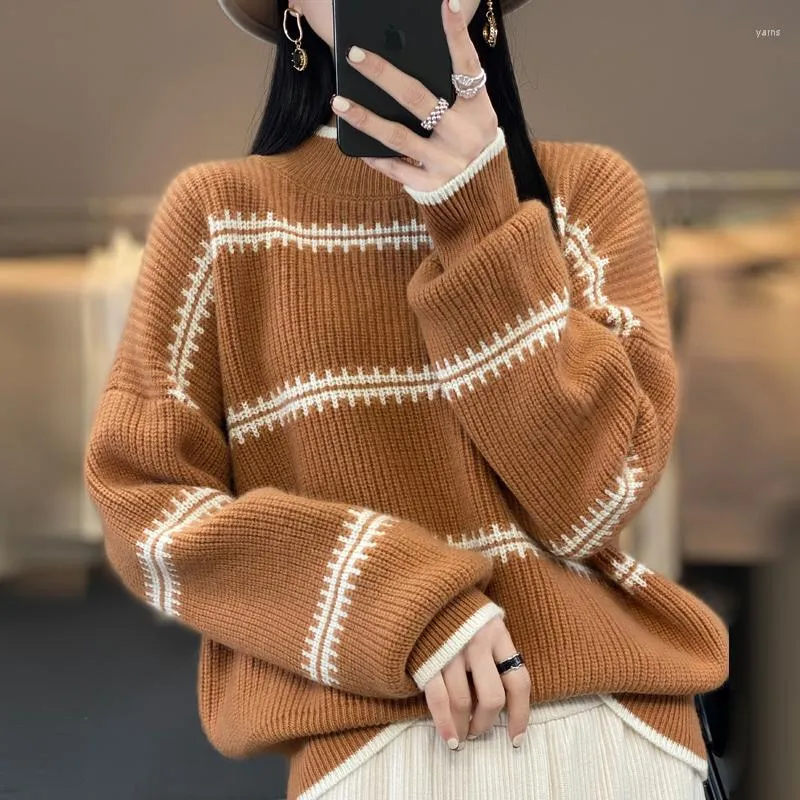 Womens Thickened Stripe Wool Pullover Sweater Women For Autumn And Winter Loose Fit Half High Neck Pure Cashmere Blend From Yarns 51.72 DHgate.Com