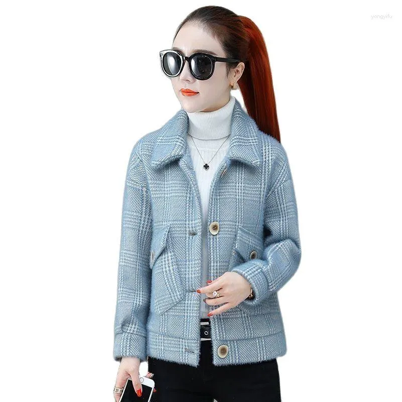 Women's Wool Plaid Mink Velvet Jacket Women 2023 Korean Wild Blend Coat Spring Autumn Ladies Loose Short Woolen Outwear W17