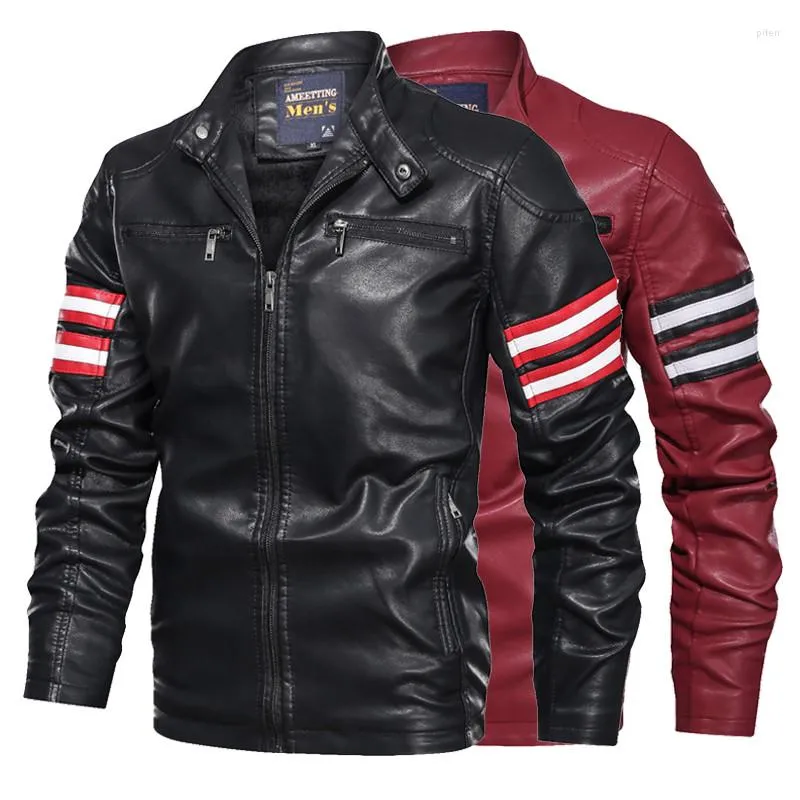 Men's Fur Colorblock Coat Leather Jacket Brand Men Casual Jackets Biker Coats Pilot Faux Motorcycle Outdoor Fashion Fleece