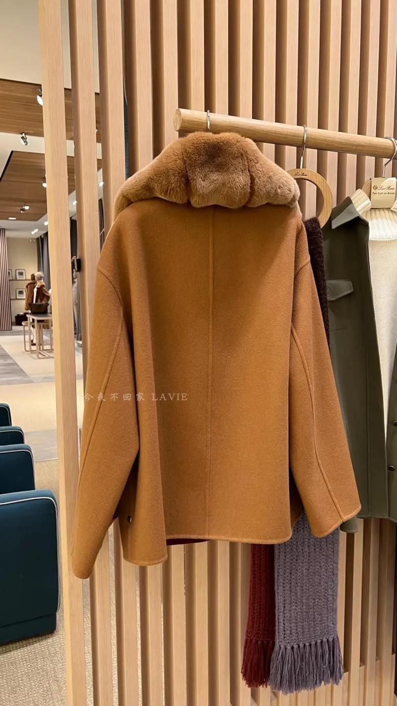 Womens Wool Winter loro piana Camel Stitching Fur Collar Cashmere Thick Coats