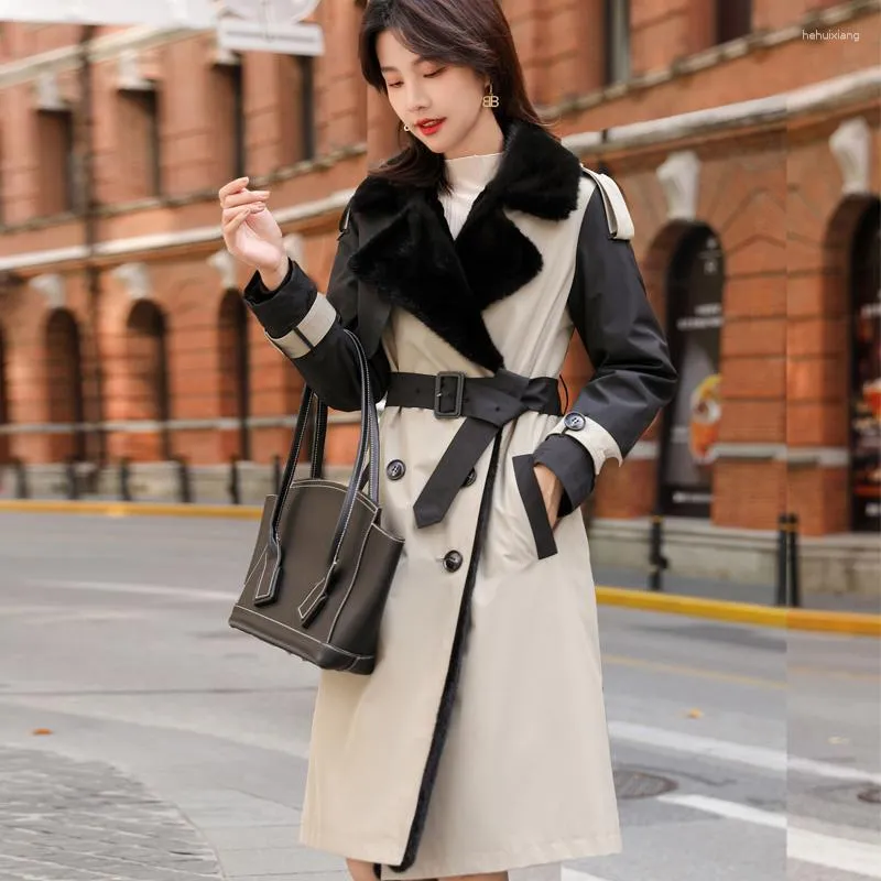 Women's Fur Winter 2023 Pai Overcomes Black Splice Mid Length Mink Collar Lace Up Nick Coat