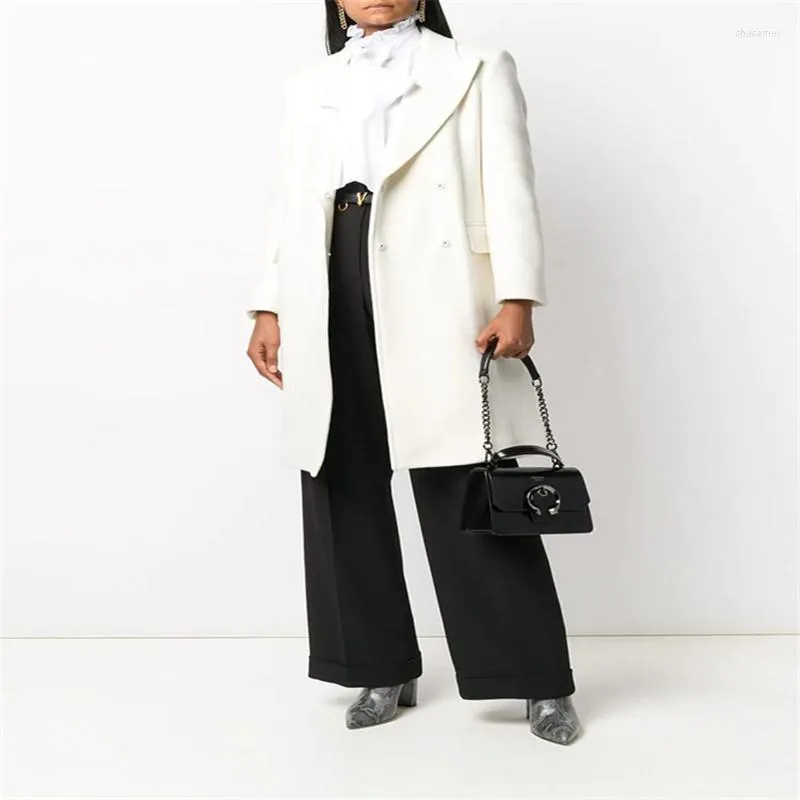 Женская шерсть 2023, осенне-зимняя белая куртка, женская повседневная куртка с лацканами, тонкое пальто средней длины из искусственной шерсти, женское темпераментное пальто G1517