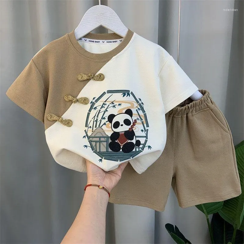 Roupas étnicas Kawaii Khaki Vermelho Redondo Pescoço Botões Artesanais Panda Impressão Tang Terno Tops Calças Meninos Verão Trajes Chineses para