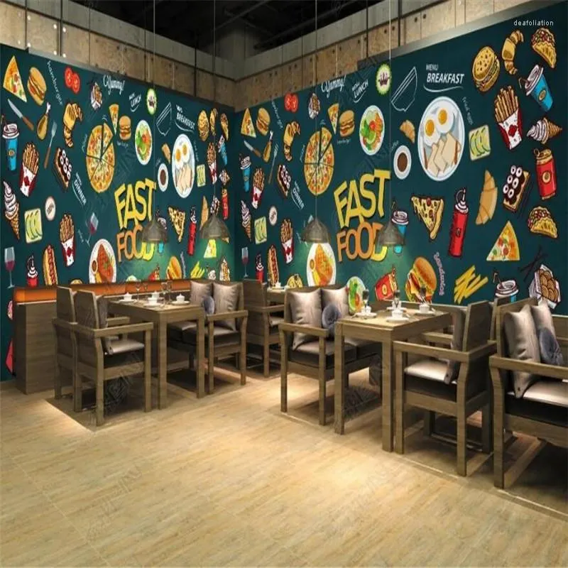 Sfondi Dimensioni personalizzate Retro Pizza Burger dipinta a mano Fast Food Carta da parati 3D Ristorante Decorazione industriale Murale Carta da parati autoadesiva