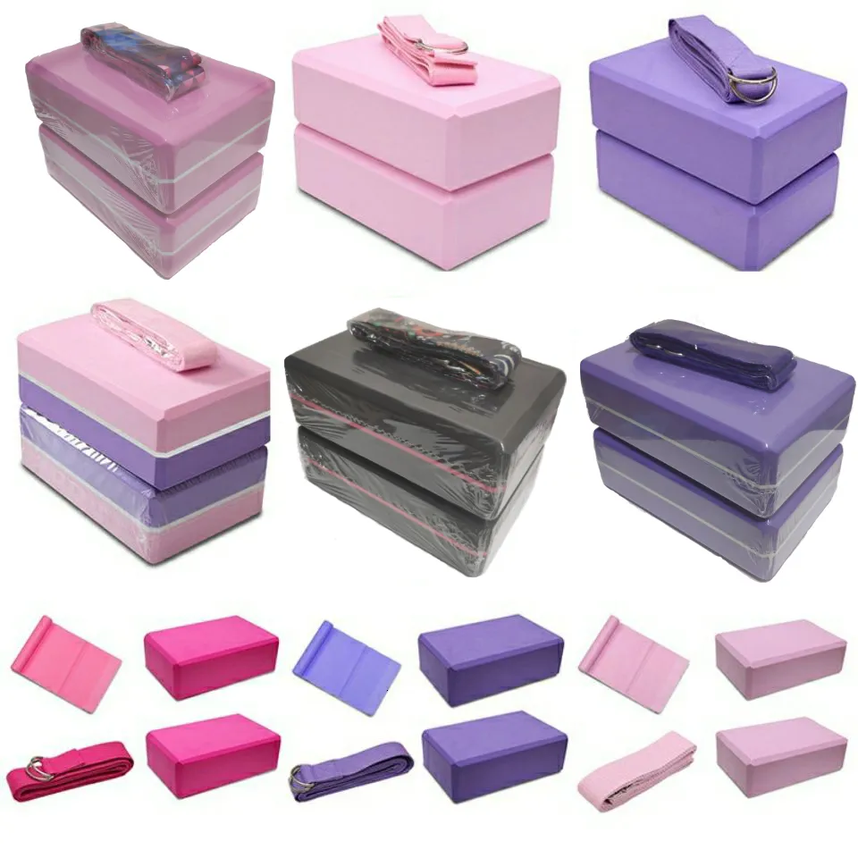 Mini Exercise Blocks Yoga Block Set 2 Blocks + Strap - EVA Foam Pilates Brick & Belt for ...