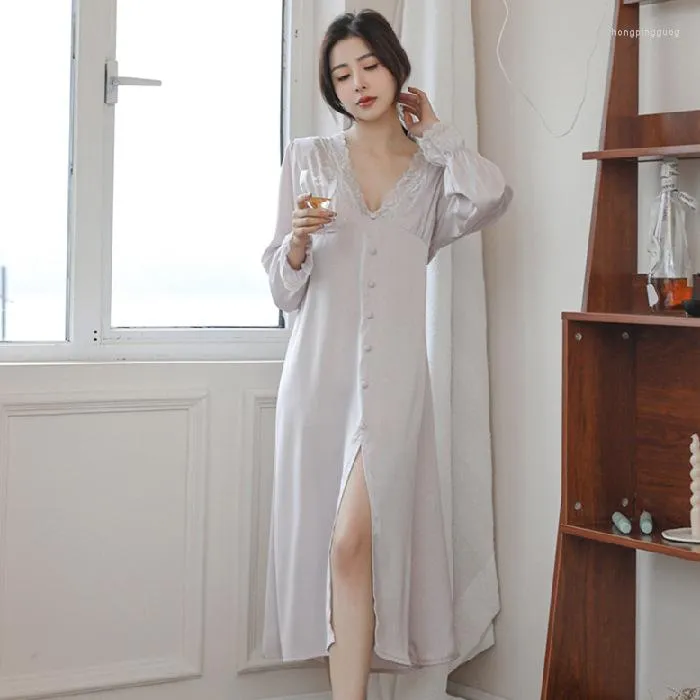Kadın pijama 2023 Süper uzun elbise gecelik kolları bahar yaz ince buz ipek gecelik kadın düğmesi bölünmüş ev kıyafetleri