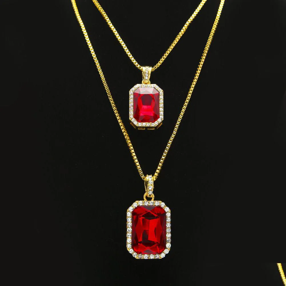 Other Jewelry Sets 2Pcs Ruby Necklace Set Sier Gold Plated Iced Out Square Red Pendant Hip Hop Box Chain Drop Delivery Dhr5O