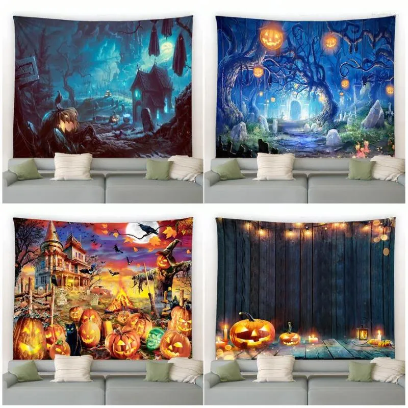 Tapissries Scary Halloween Tapestry Pumpkin Lantern Room Wall Decor Bakgrund Tyg Castle Night Scene Hanging Home