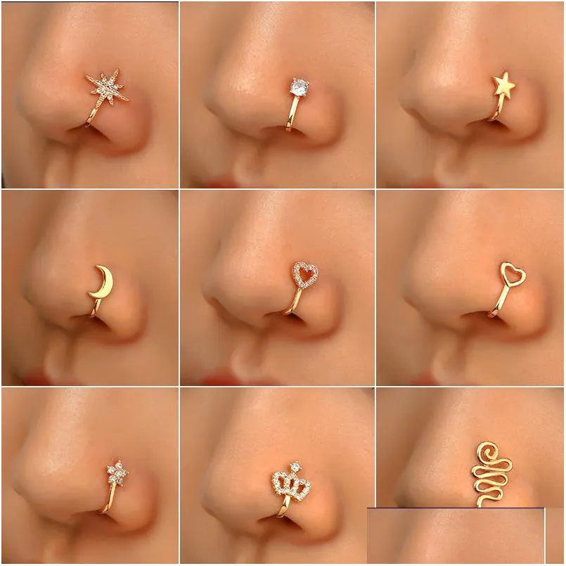 Näsringar Studs Fashion Ring Charm Crystal Butterfly Pentagram Women Fake Piercing Clip on Ear Body Jewelry Drop Delivery Otxmv