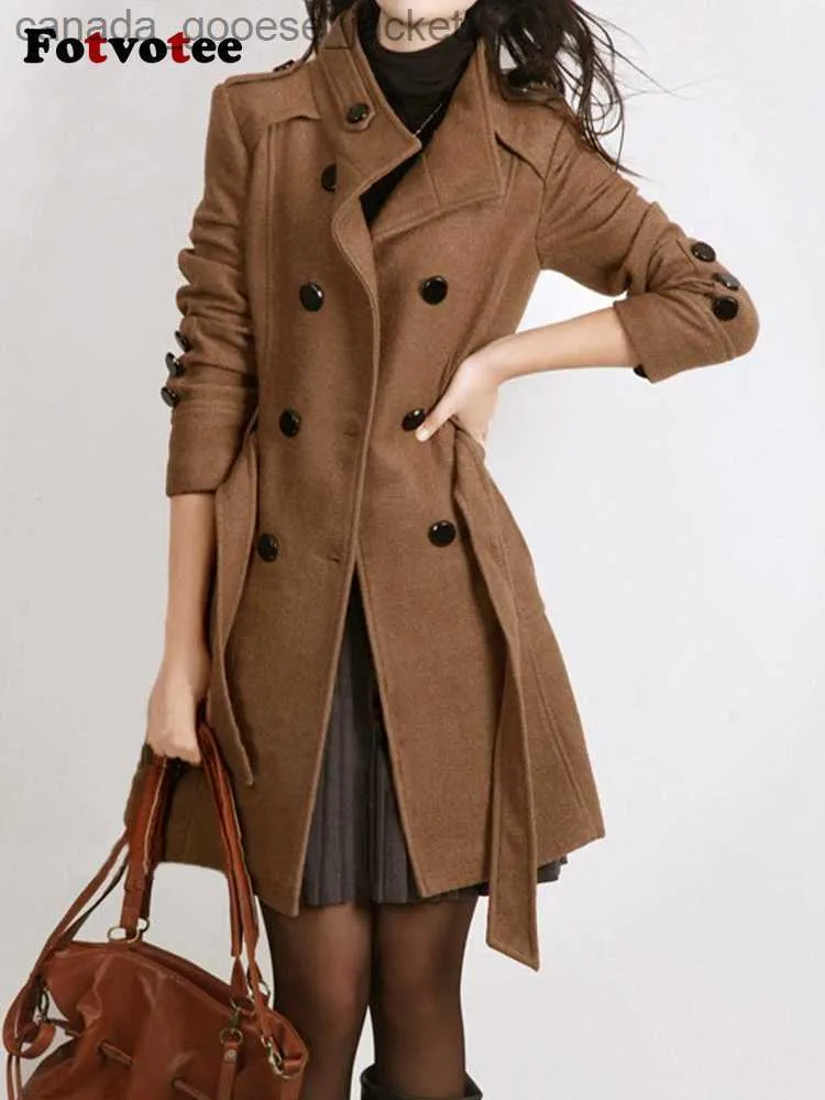 Женское полушерстяное пальто Fovotee, зимнее шерстяное пальто с поясом, женские новые женские осенние пальто 2023, новые тонкие шерстяные пальто с длинными рукавами, шикарное пальто, женская одеждаL230926
