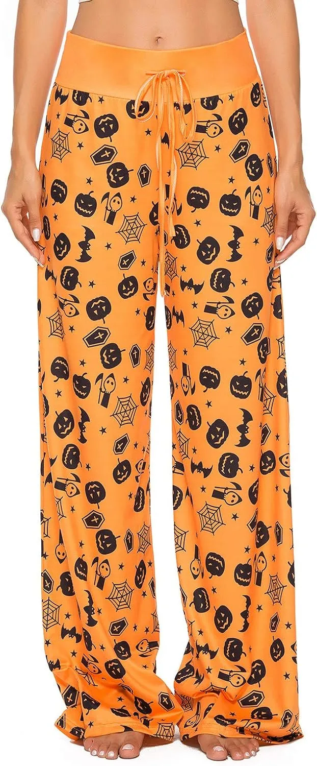 Halloween Womens Pajama Palazzo Pants For Women With Cute Pumpkins