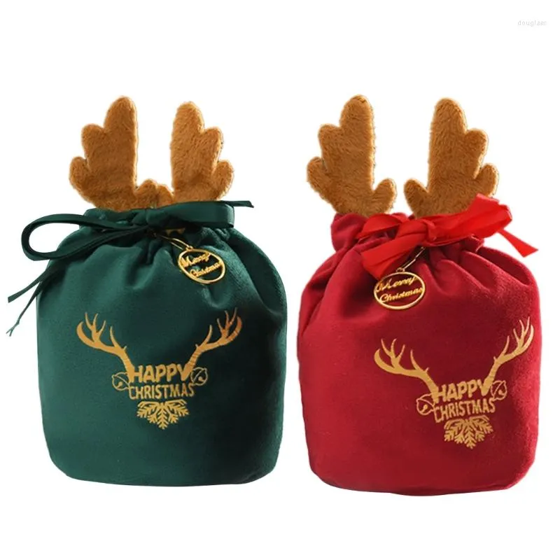 Christmas Decorations Festival Drawstring Velvets Bag Gift Box Adorable Reindeer Embroidery 594C